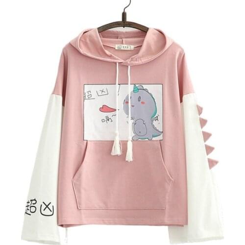 Dinosaur Print Hooded Sweatshirt With Horn For Women 2020 Autumn Long Sleeve Harakuju Hoodies Sweet Style Cotton Tracksuits