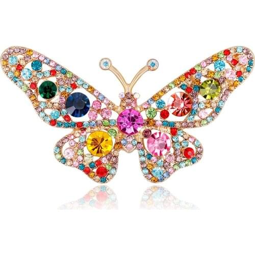 Vintage Female Crystal Butterfly Brooch Charm Gold Color Jewelry Brooch For Women Cute Rainbow Zircon Pin Dress Coat Accessory