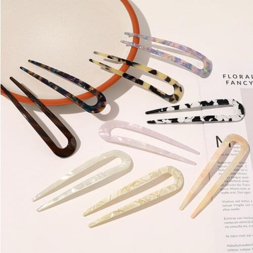 Women Lepard Marble Print Hair Sticks U Shaped Acetate Tortoiseshell Hairpins Chinese Style Resin Hair Fork DIY Styling Tools