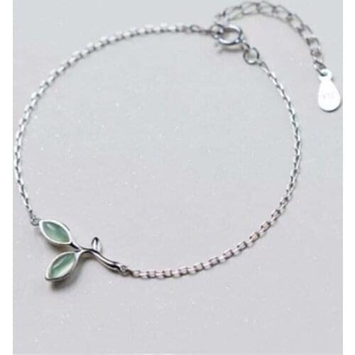 925 Sterling Silver Opal Green Leaf Charm Bracelets & Bangles For Women Party Wedding Jewelry sl376