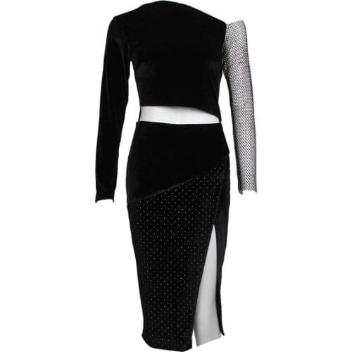New Women Dress Beading Long Sleeve Black Velvet Bodycon Midi Dress Party Club Celebrity Ladies Clothing