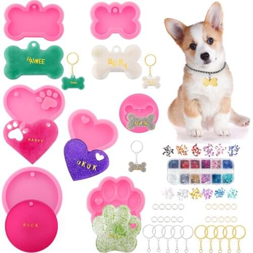 1Set Dog Bone Shaped Silicone Mold Kits Round Keychain Epoxy Resin Mould Dog Tag Pendant Making Epoxy Resin Mold Kits