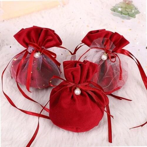 1Pcs Luxury Velvet Yarn Wedding Candy Gift Bags with Pearl Chocolate Package Drawstring Pouches Christmas Decoration