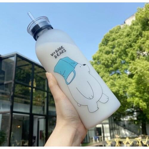 1000ML Large Capacity Water Bottles Cute Bear Pattern Plastic Water Bottle Transparent Frosted Leak-proof Drinkware Water Cup