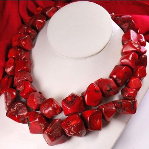 20" Double Strands Coral Nugget Silver Toggle Huge pendant Necklace