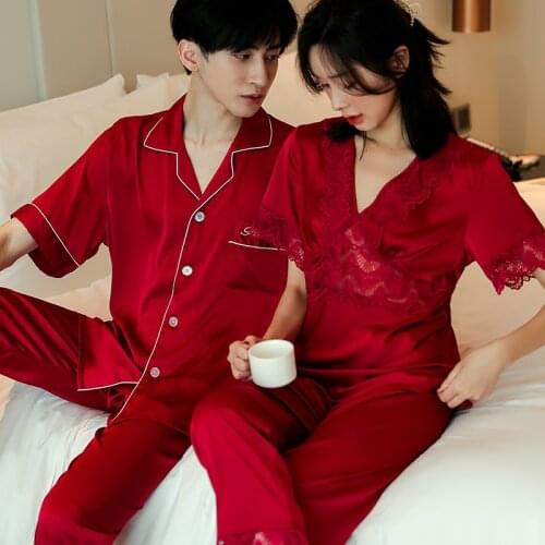 Burgundy 2PCS Lover Pajama Sets Spring Summer Couple Ice Silk Nightwear Mens Short Sleeve Pant Homewear Lady Lace Trim Sleepwear