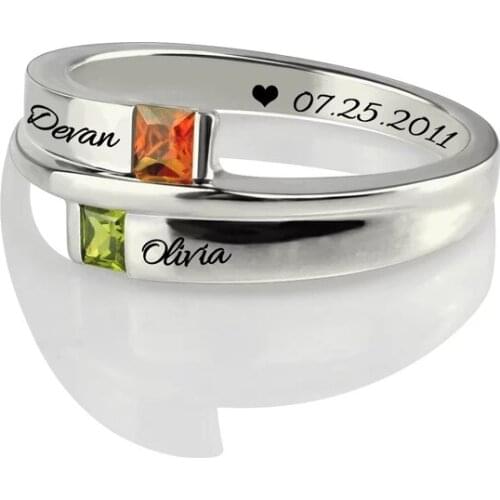 JrSr hot sell personalized 925 sterling silver square zircon ring engraved with surname and Birthstone ring custom jewelry gifts