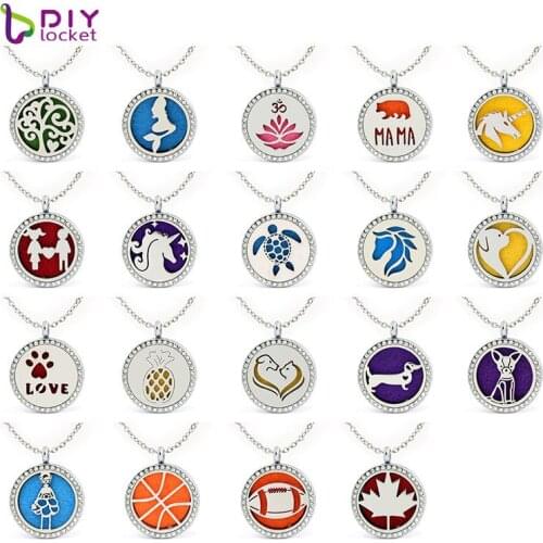 Crystal 30MM Round Mix Style Alloy Essential Oil Diffuser Necklace 316L Stainless Steel Free Chain And Pads AN284-318