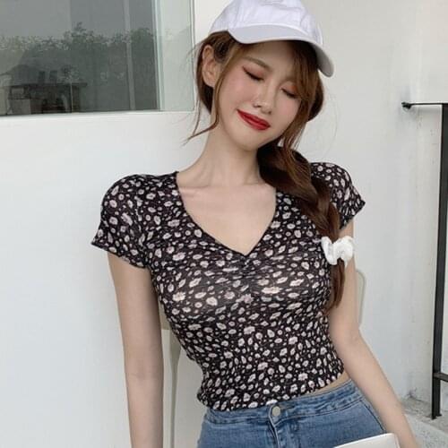 Summer French Style Floral High Waist Slim V-Neck Sleeve Short T-Shirt Top