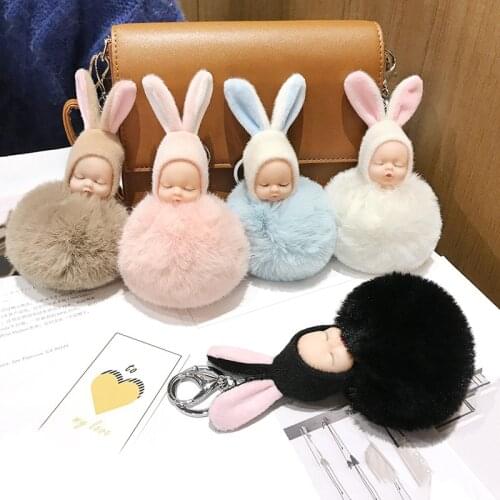 2019 New fashion pink dreaming doll keychain cute cartoon artificial rabbit hair ball car key chain plush bag pendant female