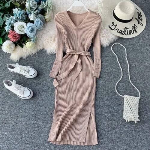 2019 New V-neck Sashes Long-sleeved Knitted Dress Side Slits Long-sleeved Women Elegant Autumn Winter Bottom Vestidos