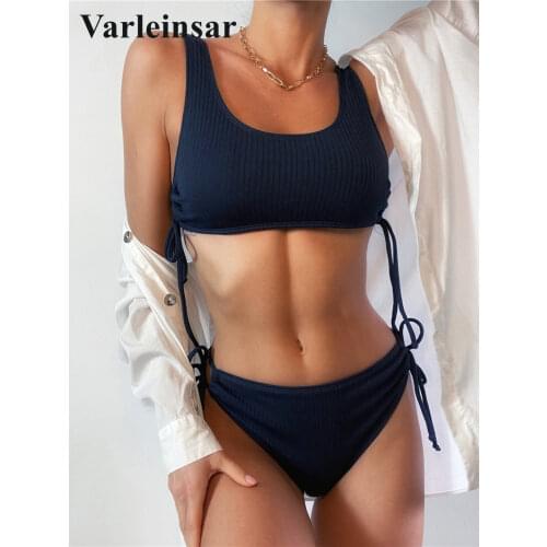 New Ribbed Lace Up Bikini Women Swimwear Female Swimsuit Two-pieces Bikini set Mid Waist Bather Bathing Suit Swim Lady V2784