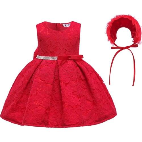 New Style Baby Girl Dress Kids Cotton Lining Lace Christening Dress with Hat Formal Girls First Birthday Clothing