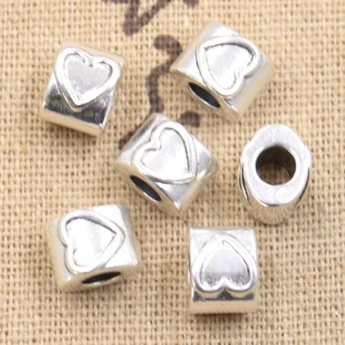 6pcs 10x8x8mm Heart 4.5mm Big Hole Bead Charm Fits Antique Silver Color Charm Bracelets Wholesale