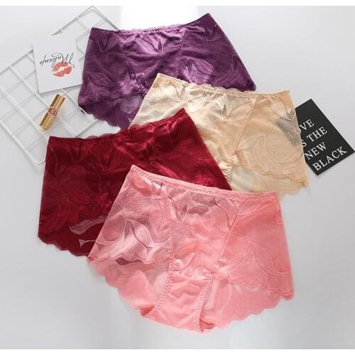 4pcs/lot New Woman Sexy Lace Panties Plus Size Panty Transparent Cotton Briefs Intimates Underpants New Ladies Underwear