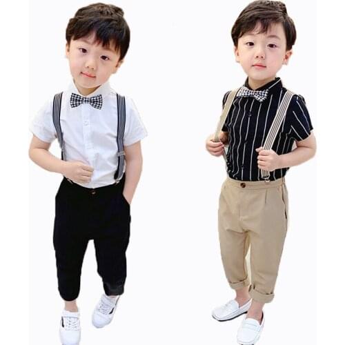 Spring Summer Children Performance Strap Clothing Sets Boys Dress British Style Costume Boys Short Sleeve Shirts Pants Outfit