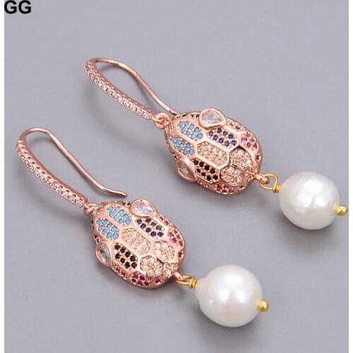 GuaiGuai Jewelry Natural Pearl 10x11mm White Pearl Rose Gold Plated Snake Head CZ Pave Earrings