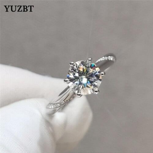 YUZBT Women 925 Silver 1-2 Carat Round Excellent Cut Gemstone Ring Diamond Test Past D Color Moissanite Wedding Rings Jewelry