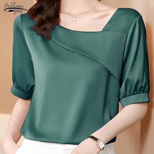 2021 Plus Size Office Lady Skew Collar Satin Women Shirts Summer Short Sleeve Silk Women Blouse and Tops Female Clothing 13906