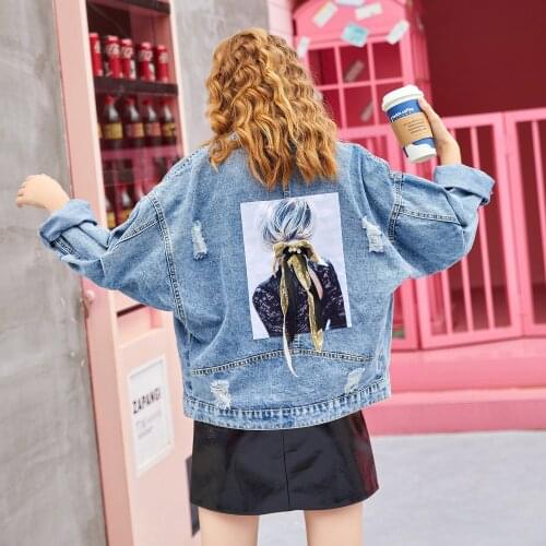 Jackets For Women Girl Printed Blue Denim Jacket Casual Fall Coat Female Long Sleeve Normal Jeans Coats Outerwear W006
