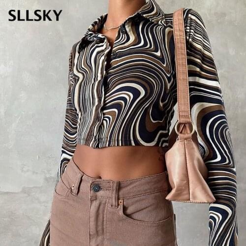 SLLSKY Vintage Striped Printted Short Women Blouse Spring Turn-down Collar Single Breasted Slim Shirts Fashion Streetwear Shirt