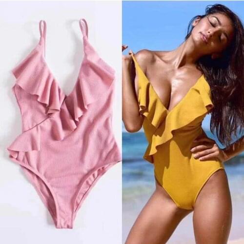 Women One Piece Swimsuit Sexy Basic Swimwear 2021 Solid Ruffled Bathing Suit Bikinis Brazilian Bikini Beachwear