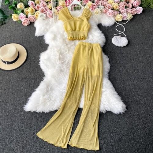 Autumn 2021 Vintage Chiffon Sweet Square Collar Two Piece Set Women Short Tops and High Waist Pants Suit New Soild Color Sets