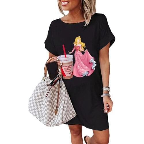 Dancing Princess Ariel Belle Jasmine Cinderella T-Shirt Dress Summer Women Harajuku Tshirt Dress Cartoon Print O Neck Vestidos