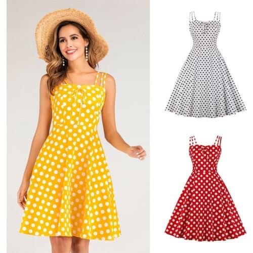 Hepburn Polka Dot Spaghetti Strap Women Midi Dress Tunic Vintage Korean High Waist Vestidos All-match Swing Rockabilly Dresses