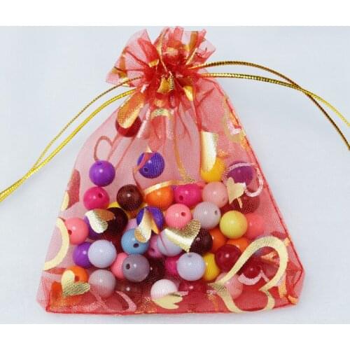 200pcs/lot 7*9cm Red Organza Bag Small Heart Design Gift Bag Wedding Decoration Jewelry Candy Packaging Bags Organza Pouches