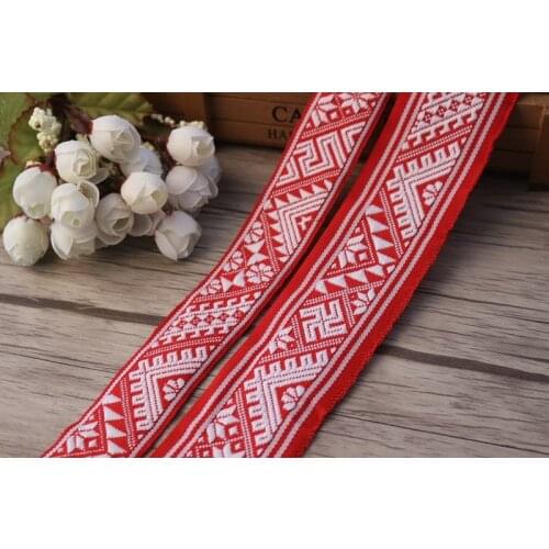 7yards/lot wide 3.2cm-5.2cm Woven Jacquard Ribbon geometry quadrangle rhombus white background red