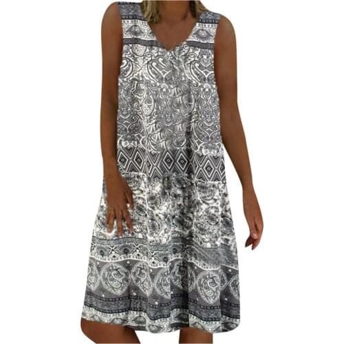 Boho Dress Women Summer Dress Vintage Loose V-neck Print Sleeveless Tank Midi Dress Bohemian Beach Sundress Robe Boheme Femme