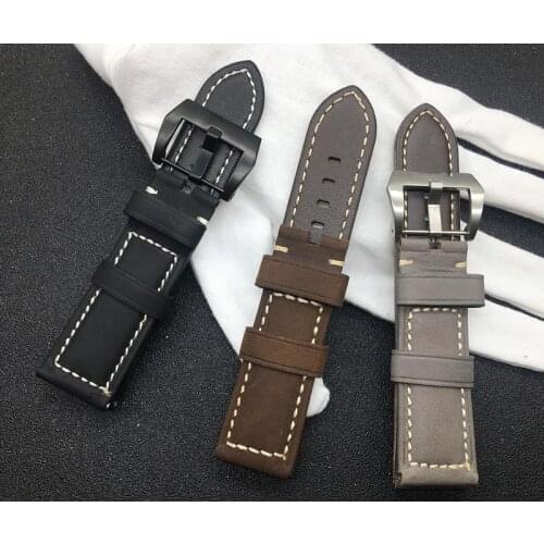 Brand watchband Black Brown Grey Retro 24mm 22mm Vintage Italy Calf Leather belt For Panerai strap watch band buckle