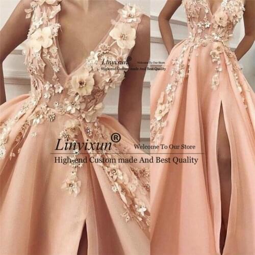 A-line V neck Peach Prom Dresses With Slit Peach 3D Lace Flowers Evening Dress Applique Elegant Formal Prom Party Gowns