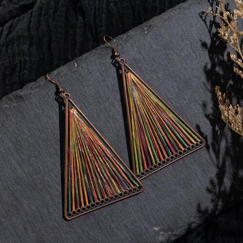 Elegant retro vintage ethnic colorful triangle fish hook with thread pendant drop earrings for women and girls accessories gift