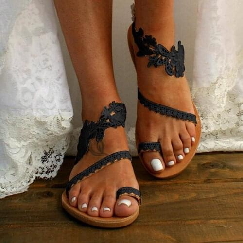 Summer Womens Sandals 2021 Female Slip-on Flat Shoes Sexy Black Lace Roman Sandals Sandalias Mujer Sapato Feminino Plus Size