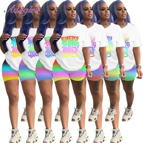 Fitness Summer Sportwear Suit Gradient Two Piece Set Women Casual Letter Print Short Sleeve T-Shirt Shorts Suit Bikers Tarcksuit