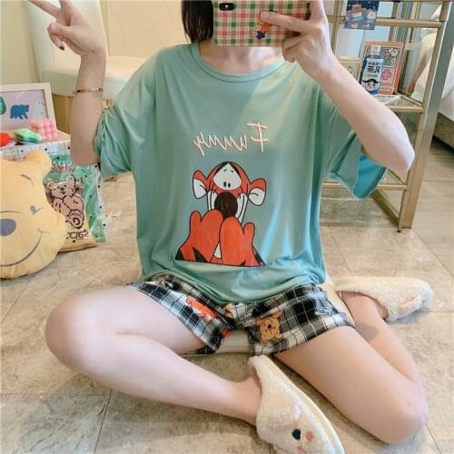 Summer Women Student Pajamas For Ladies Short Sleeve Clothes Suit Green Tops + Shorts Outfis Home Pijs Wear