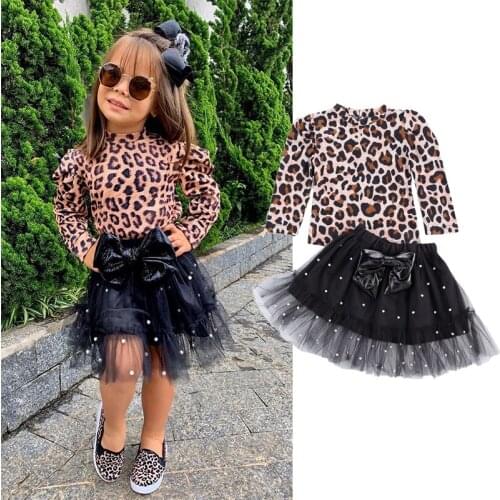 Lioraitiin 1-6Years Toddler Baby Girl 2Pcs Fashion Skirt Set Long Sleeve O-Neck Leopard Printed Top Lace Patchwork Skirt Outfit