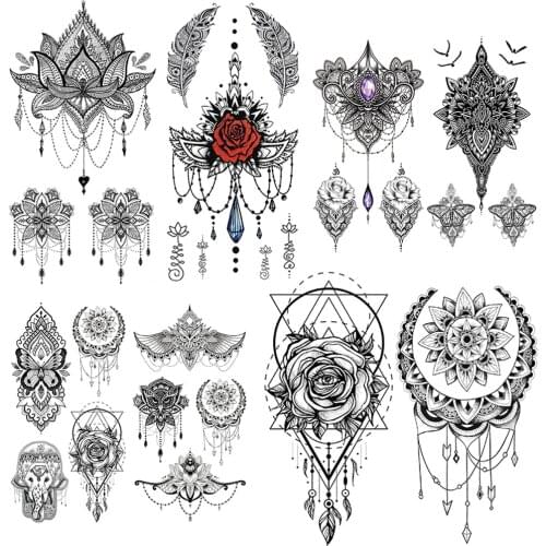 Mandala Henna Temporary Tattoo For Women 3D Sexy Fake Jewelry Tattoos Sticker Geometric Black Flower Tatoo Chest Back Owl Chains