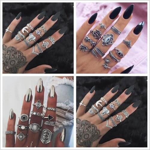 Bohemia Elephant Flower Rose Heart Crown Carved Rings Set Knuckle Finger Midi Ring for Women Jewelry