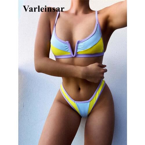 New Sexy Splicing 2021 Bikini Female Swimsuit Women Swimwear Two-pieces Bikini set Bather Thong Bathing Suit Swim Wear V1948Y