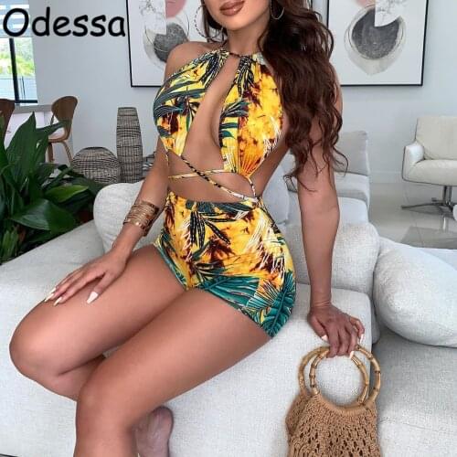Odessa Summer Sexy Beach Rompers Shorts Women Halter Strapless Low Cut Hawaii Leaves Print Bandage Backless Hollow Playsuit 2021