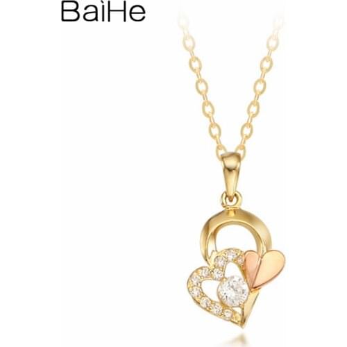 BAIHE Solid 18K Yellow Rose Gold 0.20ct Round Natural Diamonds Women Engagement Fine Jewelry Exquisite diamond Heart Necklaces