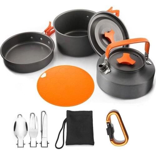 Outdoor Pots Pans Camping Cookware Picnic Cooking Set Non-Stick Tableware With Foldable Spoon Fork Knife Kettle for 2-3 Person