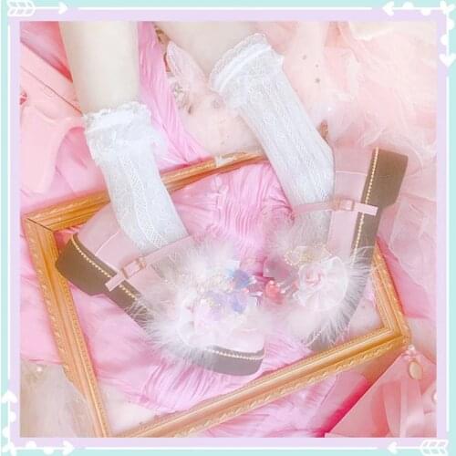 Sequins flowers feathers cute round head shoes Lolita ladies tea party loli shoes princess cos Lolita loli Victoria Kawaii