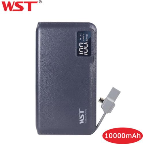 WST Power Bank 10000mAh LED Display Portable External Battery Universal USB Phone Battery Charger with Built in Charging Cable