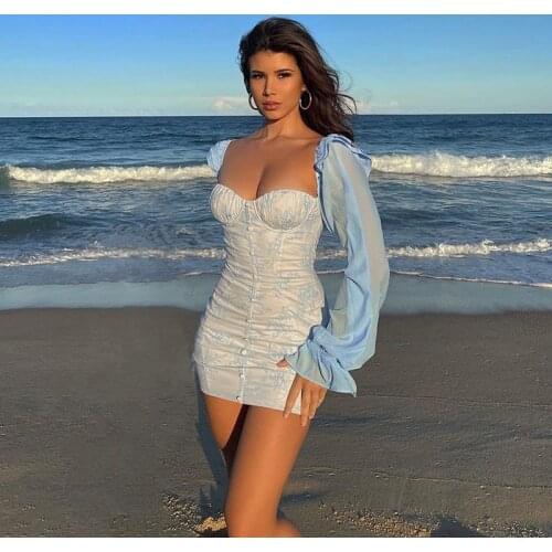 Y2K 2021 Womens Fashion Printing Short Dress Summer Sexy Square Collar Trumpet Sleeve Skinny Dress