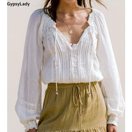 GypsyLady White Lace Vintage Blouse Shirt 100% Cotton Spring Long Lantern Sleeve V-neck Sheer Sexy Blouse Women Chic Top Shirt
