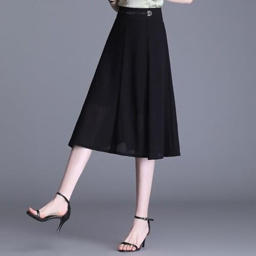 2021 New Chiffon Midi Skirts Female Summer Black Small A-line Skirt High Waist Mid-length Large Swing Skirt Young Women BSQ435